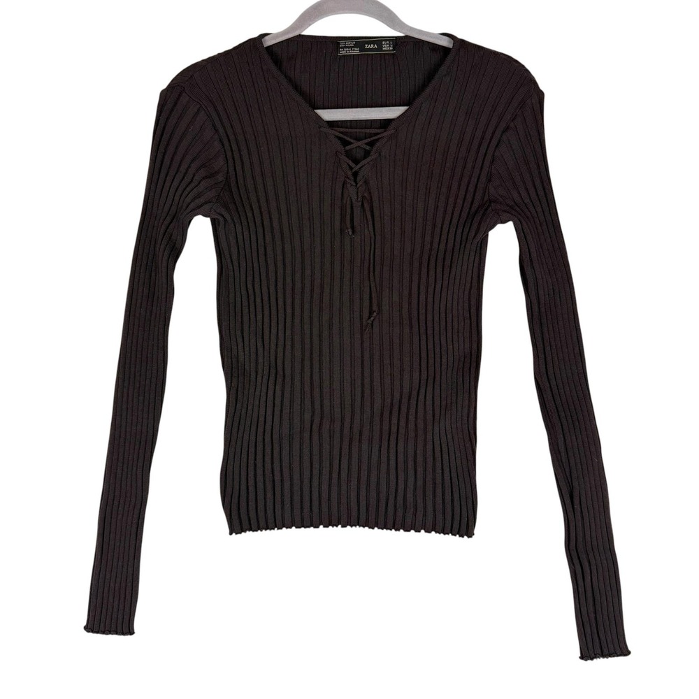 Zara Sweater Womens Large Brown Ribbed Lace Up V Neck Long Sleeve Knit‎